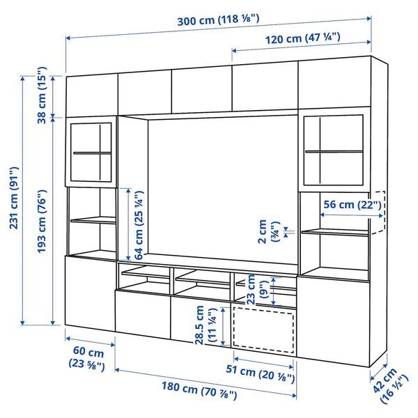 IKEA BESTA (ІKEA БЕСТО), Комбінована шафа для ТВ/скляні дверцята, біла/Hanviken біле прозоре скло, 300x42x231 см, 894.112.39 89411239 фото