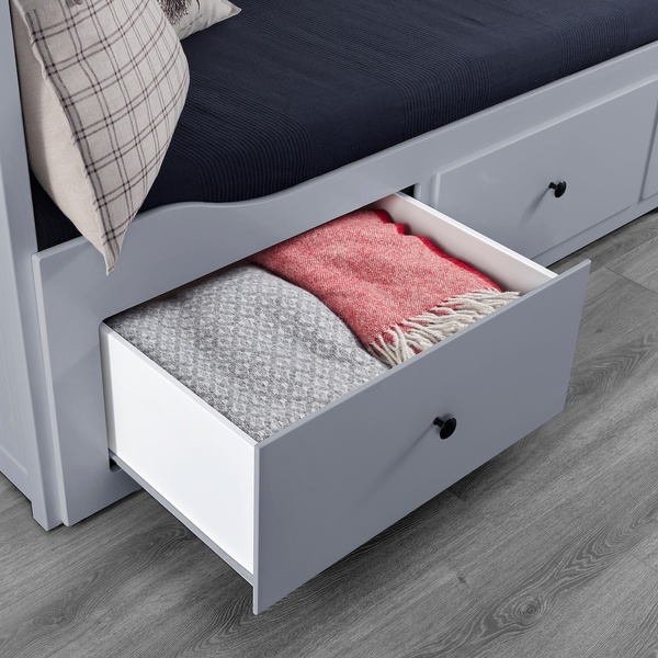 IKEA HEMNES (ІKEA ХЕМНЭС), Кушетка з 3 ящиками, 2 матрацами, сірий/твердий Аготнес, 80x200 см, 494.281.14 49428114 фото