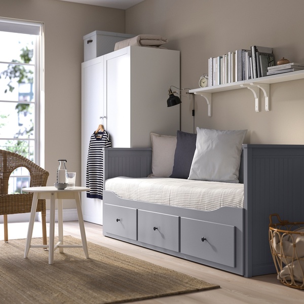 IKEA HEMNES (ІKEA ХЕМНЭС), Кушетка з 3 ящиками, 2 матрацами, сірий/твердий Аготнес, 80x200 см, 494.281.14 49428114 фото