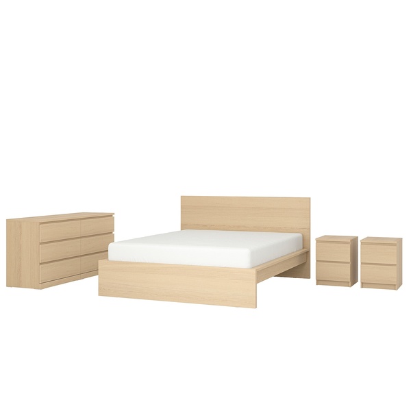 IKEA MALM (ИКЕА МАЛЬМ), Комплект мебели для спальни, 4 предмета, дубовый шпон беленый, 160х200 см, 894.834.05 89483405 фото