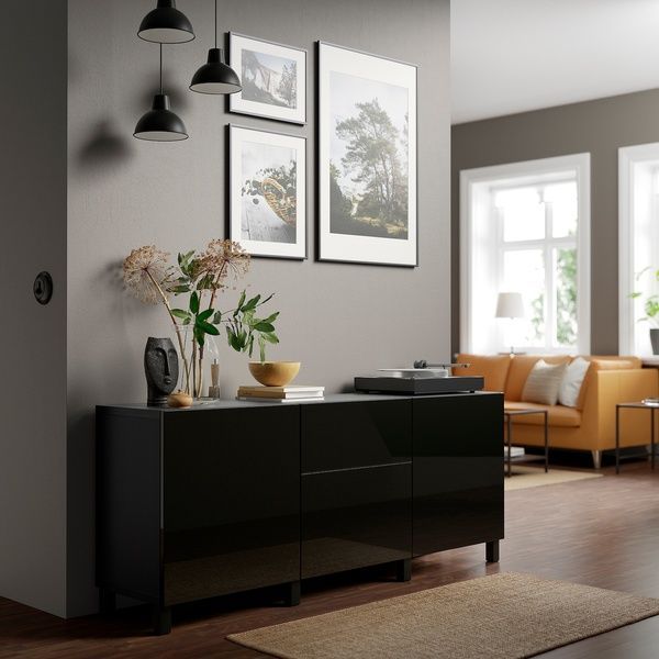 IKEA BESTA (ИКЕА БЕСТА), Комбинация с ящиками, черно-коричневый/Сельсвикен/Стуббарп глянцевый/черный, 180x42x74 см, 594.126.93 59412693 фото