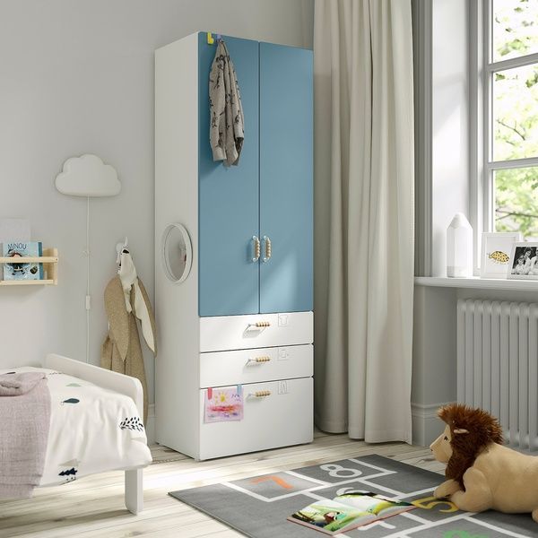 IKEA Гардероб, бело-синий/с 3 ящиками SM&Aring;STAD / PLATSA, 095.446.05 09544605 фото
