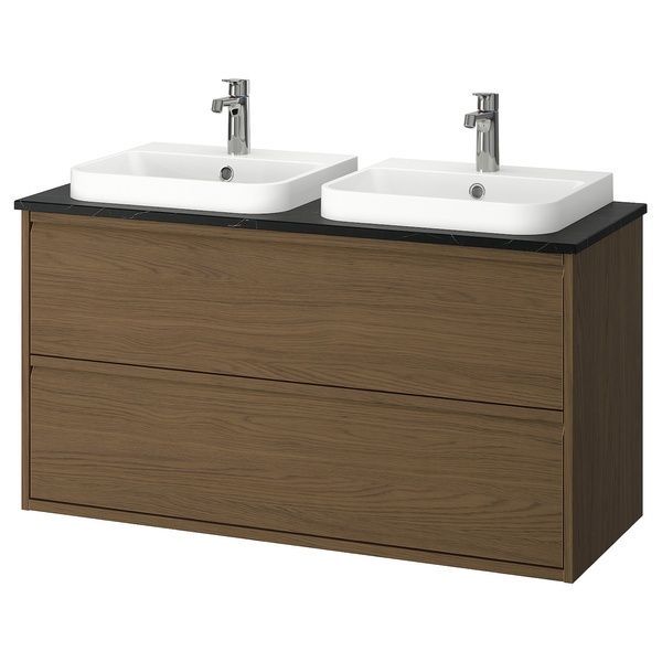 IKEA Шкаф умывальник с ящиками/мойкой/смесителями, имитация коричневого цвета. имитация дуба/черного мрамора &Auml;NGSJ&Ouml;N / BACKSJ&Ouml;N, 195.216.32 19521632 фото