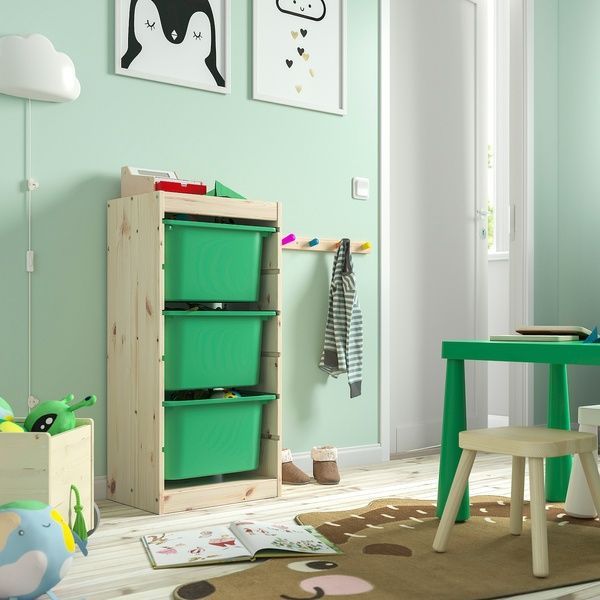 IKEA Полка с контейнерами, сосна светлая, морилка белая/светло-зеленая TROFAST, 295.754.41 29575441 фото