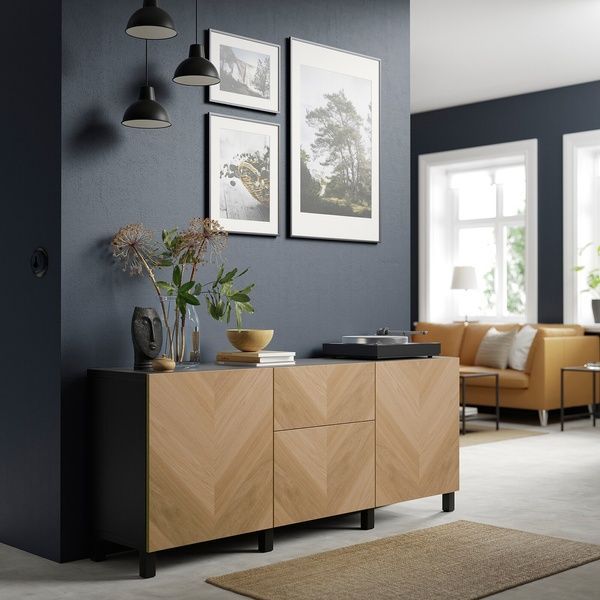 IKEA BESTA (ИКЕА БЕСТО), Комбинация с ящиками, черно-коричневый/шпон дуба Хедевикен/Stubbarp, 180x42x74 см, 694.218.47 69421847 фото