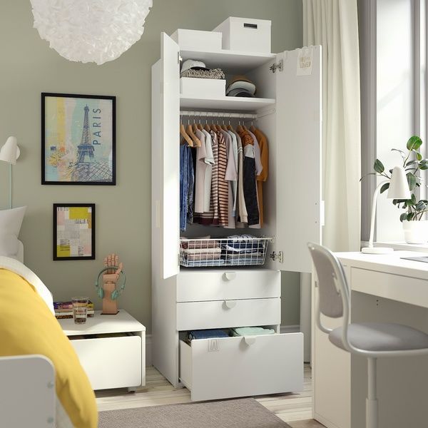 IKEA Гардероб, бело-синий/с 3 ящиками SM&Aring;STAD / PLATSA, 695.440.99 69544099 фото