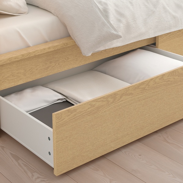 IKEA MALM (ІKEA МАЛЬМ), Каркас ліжка з 4 ящиками для зберігання, дубовий шпон, вибілений/Лейрсунд, 140х200 см, 391.754.28 39175428 фото