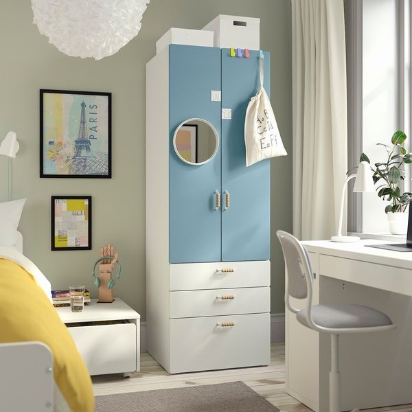 IKEA Гардероб, бело-синий/с 3 ящиками SM&Aring;STAD / PLATSA, 695.440.99 69544099 фото