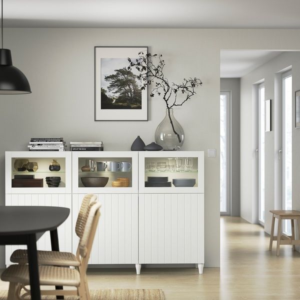 IKEA BESTA (ІKEA БЕСТО), Комбінація з дверцятами, білий, Sutterviken/Kabbarp білий прозоре скло, 180x42x112 см, 993.843.39 99384339 фото