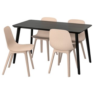 IKEA LISABO / ODGER (ИКЕА ЛИСАБО/ОДГЕР), Стол и 4 стула, чёрный/бежевый, 140х78 см, 092.597.02 09259702 фото