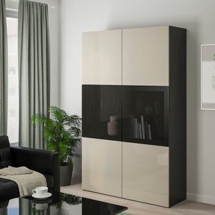 IKEA Книжный шкаф/стеклянные двери, черно-коричневый/Сельсвикен глянцевый/бежевое дымчатое стекло BEST&Aring;, 991.247.61 99124761 фото