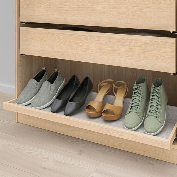IKEA Висувна полиця зі вставкою для взуття KOMPLEMENT (ІKEA КОМПЛИМЕНТ), Висувний піддон із вкладишем для взуття, дуб білий/світло-сірий, 100х35 см, 693.321.15 69332115 фото