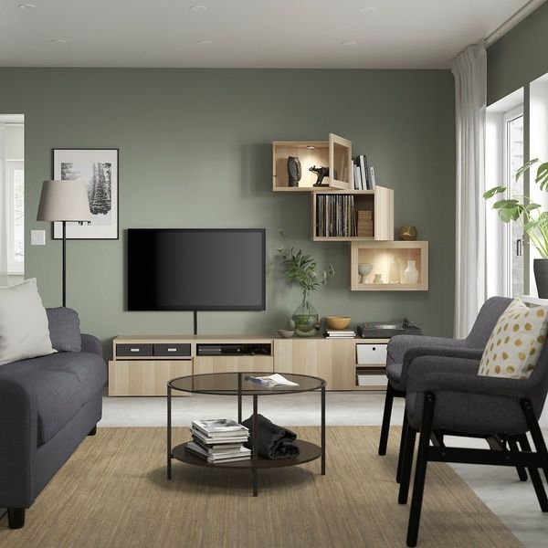 IKEA BESTA (ИКЕА БЕСТА), Комбинация ТВ/стекл дверцы, дуб беленый/Дуб Лаппвикен беленый, прозрачное стекло, 240x42x190 см, 194.113.08 19411308 фото