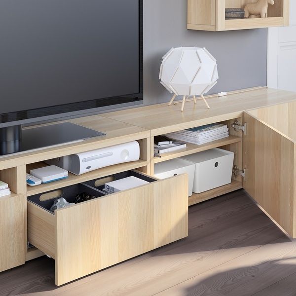 IKEA BESTA (ИКЕА БЕСТА), Комбинация ТВ/стекл дверцы, дуб беленый/Дуб Лаппвикен беленый, прозрачное стекло, 240x42x190 см, 194.113.08 19411308 фото