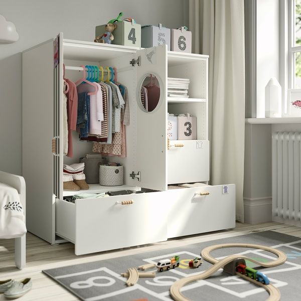 IKEA Книжный шкаф, белый красный/в полоску, с 3 ящиками SM&Aring;STAD / PLATSA, 995.498.92 99549892 фото