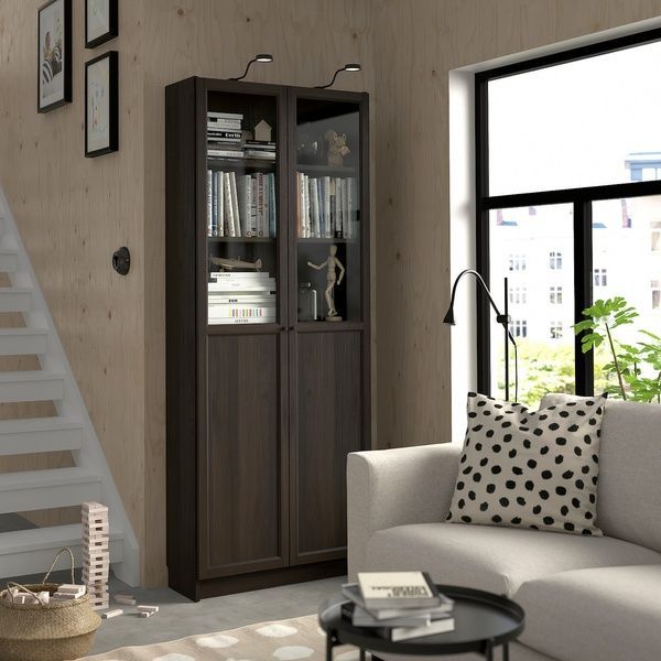 IKEA Книжкова шафа, пара фільончастих/скляних дверей, темно-коричнева імітація. дуб BILLY / OXBERG, 494.833.27 49483327 фото