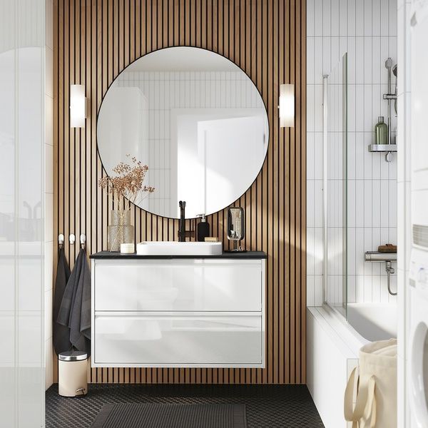IKEA Тумба під умивальник з ящиками/умивальником/змішувачем, глянсовий білий/чорний мармур &Auml;NGSJ&Ouml;N / BACKSJ&Ouml;N, 995.215.91 99521591 фото