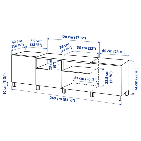 IKEA BESTA (ИКЕА БЕСТА), Тумба под ТВ с дверцами и ящиками, белый/Студсвикен/Стуббарп белый, 240x42x74 см, 194.216.42 19421642 фото