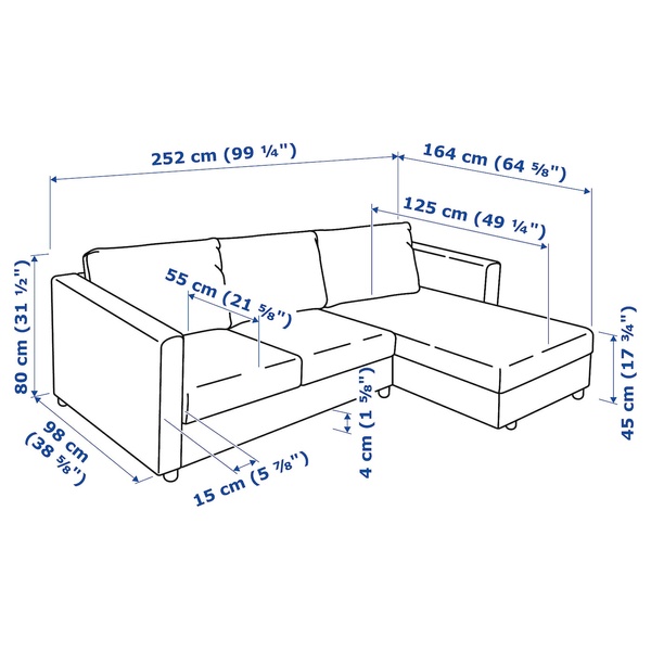 IKEA VIMLE (ІKEA ВИМЛЕ), 3-місний диван з шезлонгом/Гран/Бомстад чорний, 893.066.86 89306686 фото