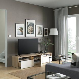 IKEA BESTA (ИКЕА БЕСТО), Тумба под ТВ, под беленый дуб/Сельсвикен блестящий/белый, 180x42x39 см, 493.990.84 49399084 фото