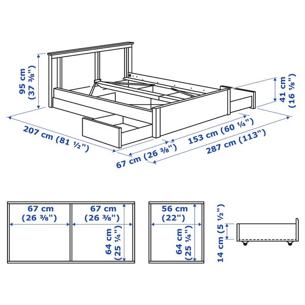 IKEA SONGESAND (ІKEA СОНГЕСАНД), Каркас ліжка з 4 ящиками для зберігання, білий, 140х200 см, 292.413.20 29241320 фото