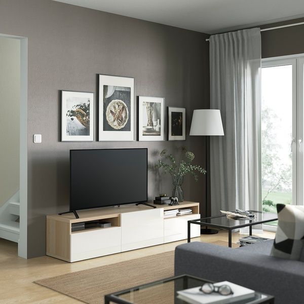 IKEA BEST&Aring; (ІKEA БЕСТО), Тумба під ТВ, під вибілений дуб/Сельсвікен блискучий/білий, 180x42x39 см, 493.990.84 49399084 фото