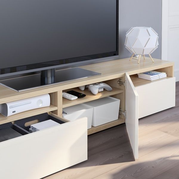 IKEA BEST&Aring; (ІKEA БЕСТО), Тумба під ТВ, під вибілений дуб/Сельсвікен блискучий/білий, 180x42x39 см, 493.990.84 49399084 фото