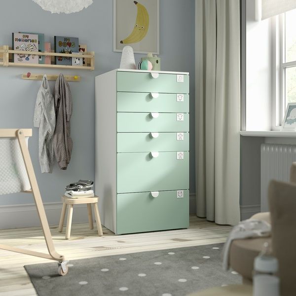 IKEA Комод, 6 ящиков, белый/салатовый SM&Aring;STAD / PLATSA, 895.453.28 89545328 фото