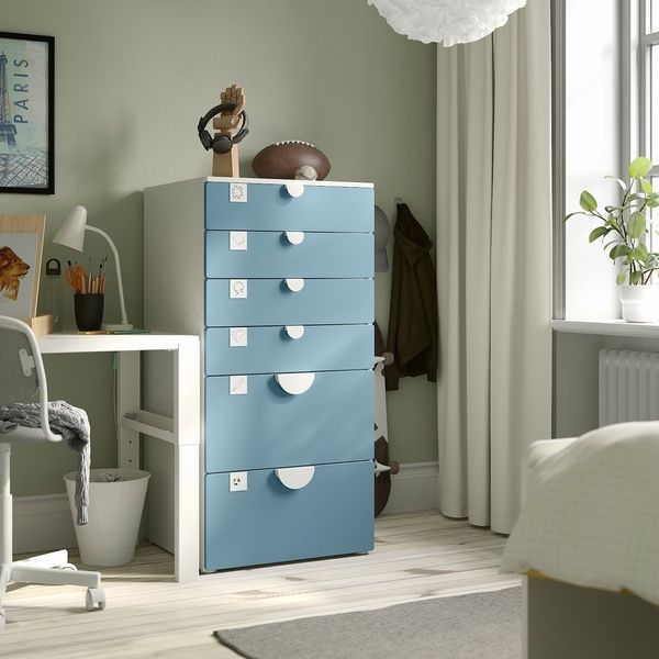 IKEA Комод, 6 ящиків, білий/синій SM&Aring;STAD / PLATSA, 695.453.29 69545329 фото