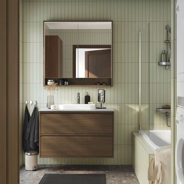 IKEA Умывальник с ящиками/мойкой/смесителем, имитация коричневого цвета. имитация дуба/серого камня &Auml;NGSJ&Ouml;N / BACKSJ&Ouml;N, 295.216.03 29521603 фото
