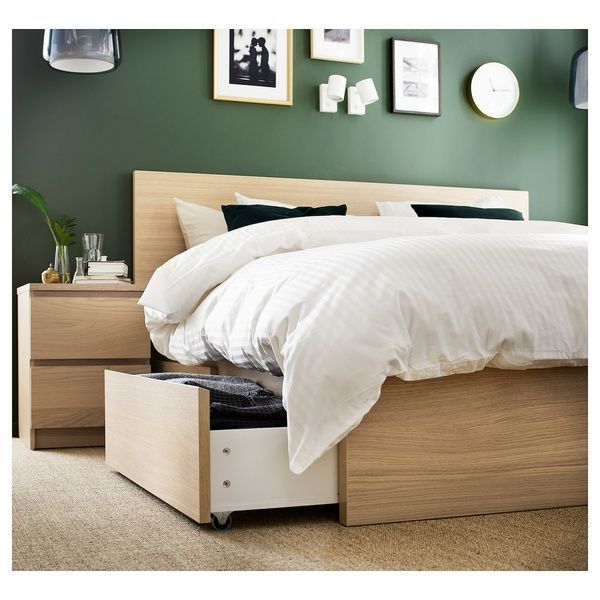IKEA Каркас кровати с 2 ящиками для хранения, дубовый шпон, беленый MALM, 791.764.83 79176483 фото