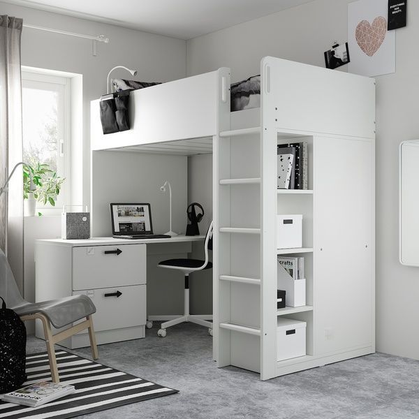 IKEA Кровать-чердак, бело-серый/с письменным столом с 3 ящиками SM&Aring;STAD, 794.374.47 79437447 фото