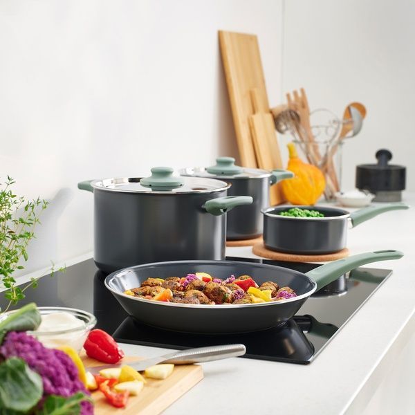IKEA Набір посуду, 4 шт., антипригарне покриття, світло-сіро-зелений/сірий HEMLAGAD, 405.834.87 40583487 фото