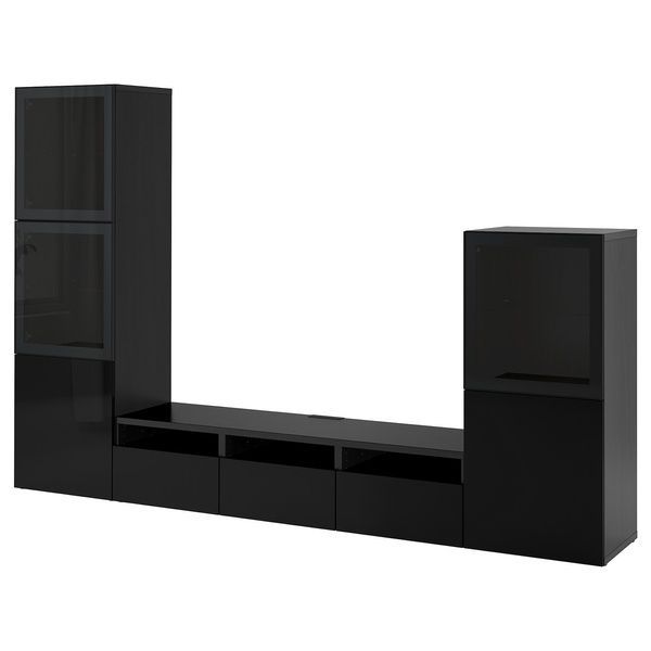 IKEA BESTA (ИКЕА БЕСТА), Комбинация ТВ/стекл дверцы, черно-коричневый/Сельсвикен глянцевый/черное дымчатое стекло, 300х42х193 см, 293.307.88 29330788 фото