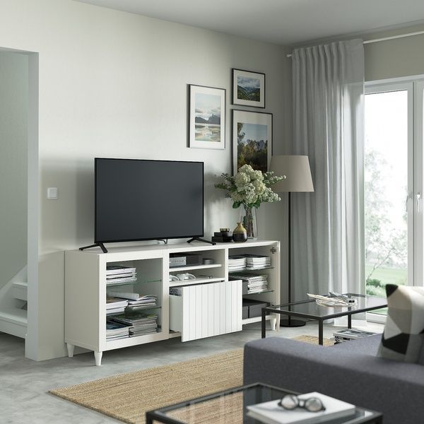 IKEA BEST&Aring; (ІKEA БЕСТО), Лава ТВ з ящиками, білий, Sutterviken/Kabbarp білий прозоре скло, 180x42x74 см, 093.845.55 09384555 фото