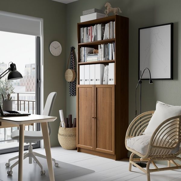 IKEA Книжный шкаф с дверцами, коричневый орех BILLY / OXBERG, 494.833.65 49483365 фото