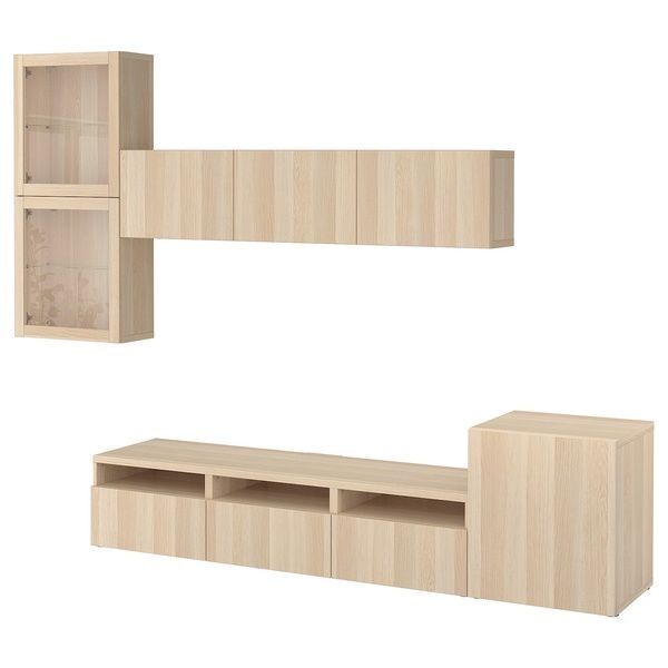 IKEA BESTA (ИКЕА БЕСТА), Комбинация ТВ/стекл дверцы, дуб беленый/Дуб Лаппвикен беленый, прозрачное стекло, 300x42x211 см, 594.068.33 59406833 фото