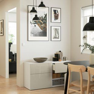 IKEA Комбинация стеллажей с дверцами/ящиками, белый/Сельсвикен бежевый глянцевый BEST&Aring;, 493.247.72 49324772 фото