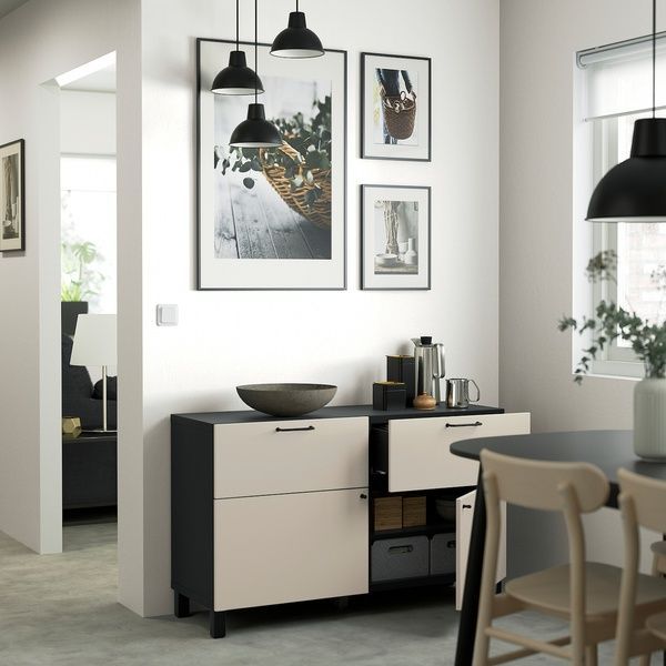 IKEA BESTA (ИКЕА БЕСТО), Комбинация для хранения с дверцами/ящиками, черно-коричневый/Lappviken/Stubbarp светло-серо-бежевый, 120x42x74 см, 294.402.25 29440225 фото