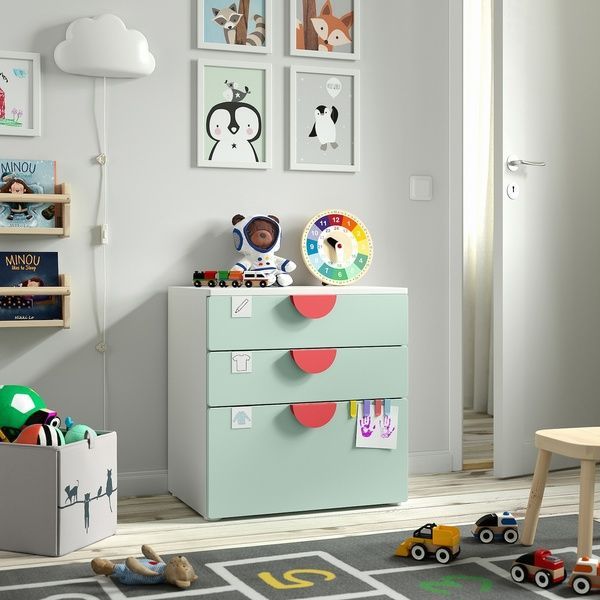 IKEA Комод, 3 шухляди, білий/світло-зелений SM&Aring;STAD / PLATSA, 895.438.19 89543819 фото