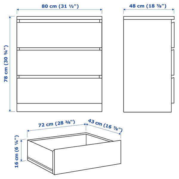 IKEA MALM (ИКЕА МАЛЬМ), Набор мебели для спальни, 3 предмета, белый, 494.834.12 49483412 фото