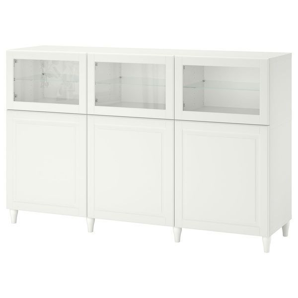 IKEA BESTA (ІKEA БЕСТА), Комбинация с дверцами, белый/Смевикен/Каббарп белый прозрачное стекло, 180х42х112 см, 293.843.47 29384347 фото