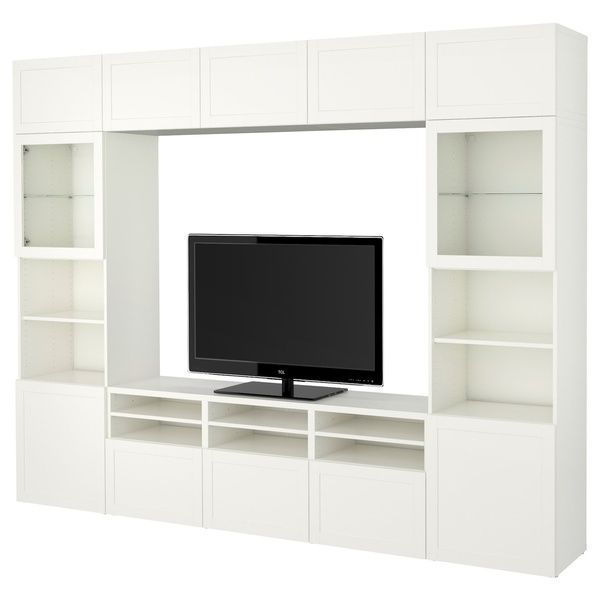 IKEA BESTA (ІKEA БЕСТО), Комбінована шафа для ТВ/скляні дверцята, біла/Hanviken біле прозоре скло, 300x42x231 см, 494.112.41 49411241 фото