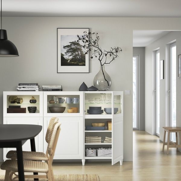 IKEA BESTA (ІKEA БЕСТА), Комбинация с дверцами, белый/Смевикен/Каббарп белый прозрачное стекло, 180х42х112 см, 293.843.47 29384347 фото