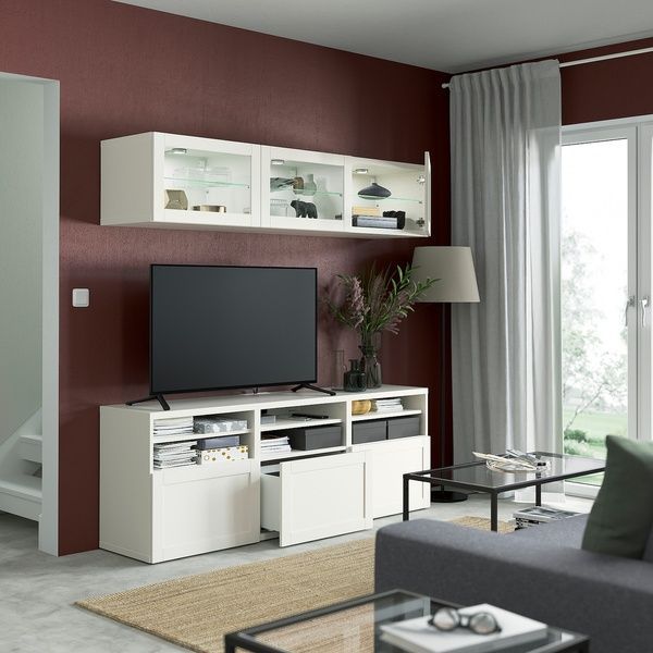 IKEA Комбинация ТВ/стекл дверца, белый/Ханвикен белое прозрачное стекло BEST&Aring;, 094.103.71 09410371 фото