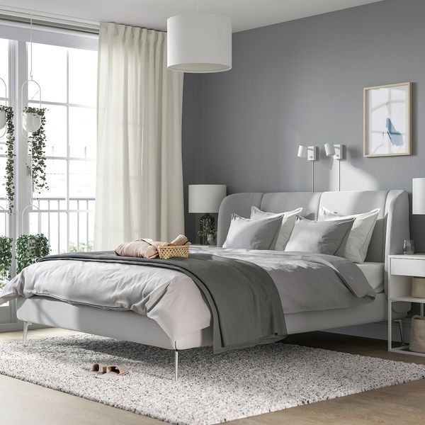 IKEA Каркас кровати с мягкой обивкой, Таллмира белый/черный/Лёнсет TUFJORD, 395.553.34 39555334 фото