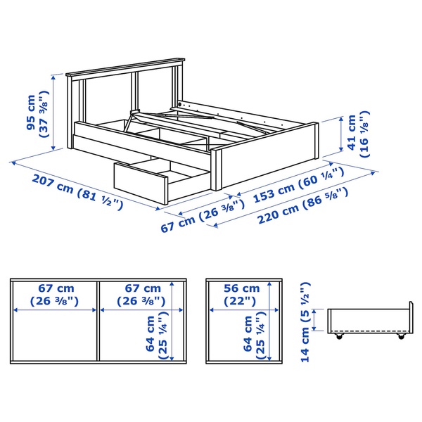 IKEA SONGESAND (ІKEA СОНГЕСАНД), Каркас ліжка з 2 ящиками для зберігання, білий, 140х200 см, 192.412.07 19241207 фото