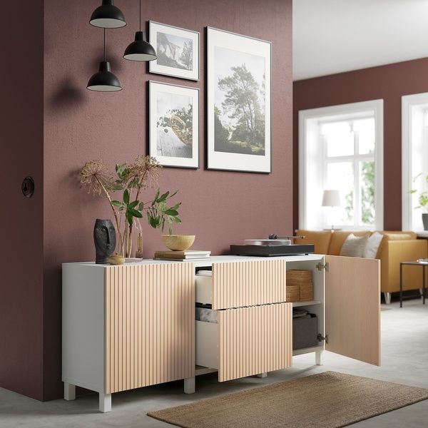IKEA BESTA (ИКЕА БЕСТА), Комбинация для хранения с ящиками, белый Bj&ouml;rk&ouml;viken/березовый шпон, 180x42x74 см, 894.243.26 89424326 фото