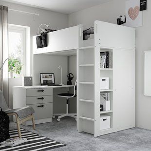 IKEA Ліжко-антресолі, біло-сірий/з письмовим столом на 2 полиці SM&Aring;STAD, 695.202.58 69520258 фото