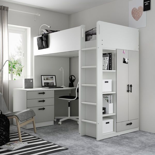 IKEA Ліжко-антресолі, біло-сірий/з письмовим столом на 2 полиці SM&Aring;STAD, 695.202.58 69520258 фото